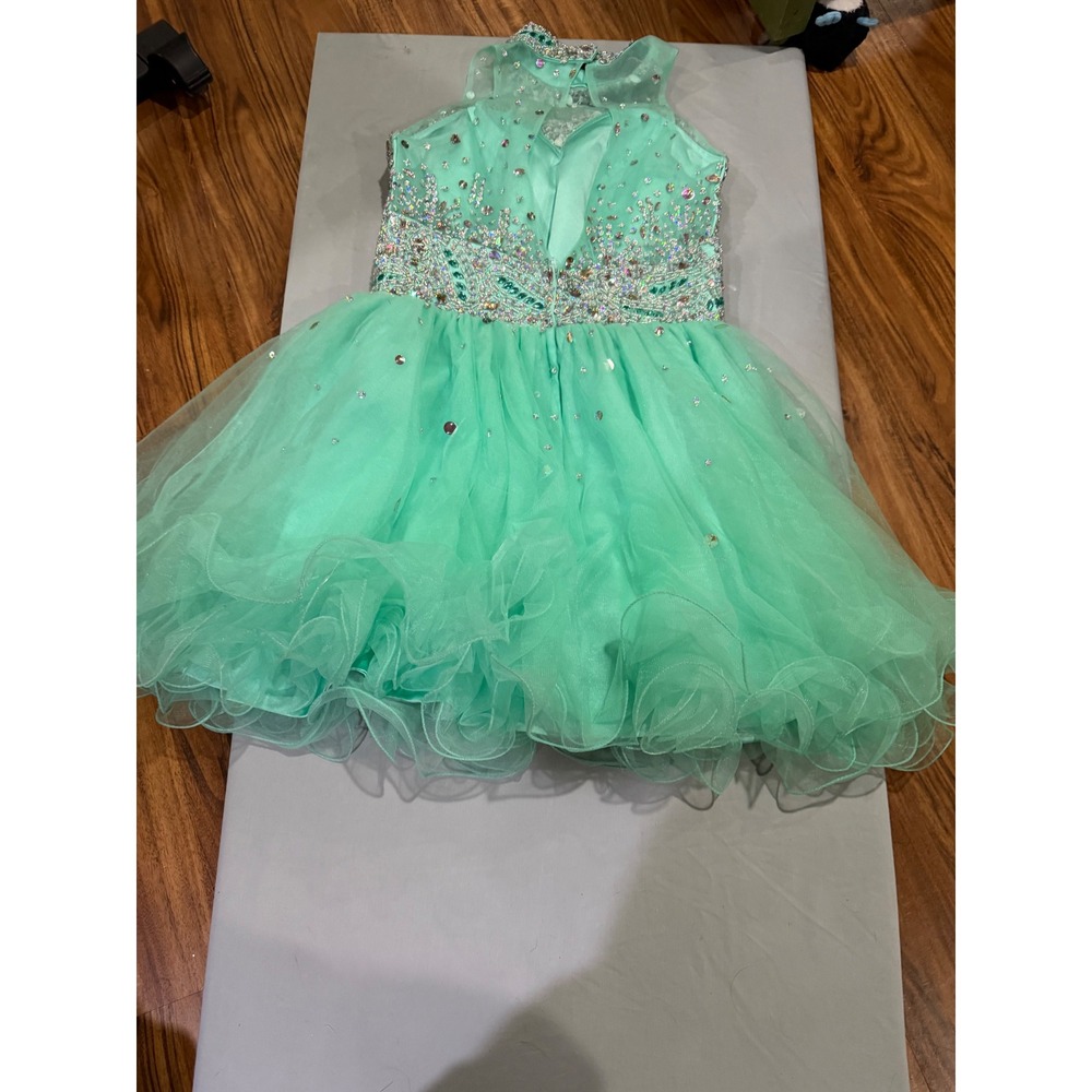 Glitz Girls Unbranded Rhinestone Tulle Ruffle Pageant Dress Small Mint Green